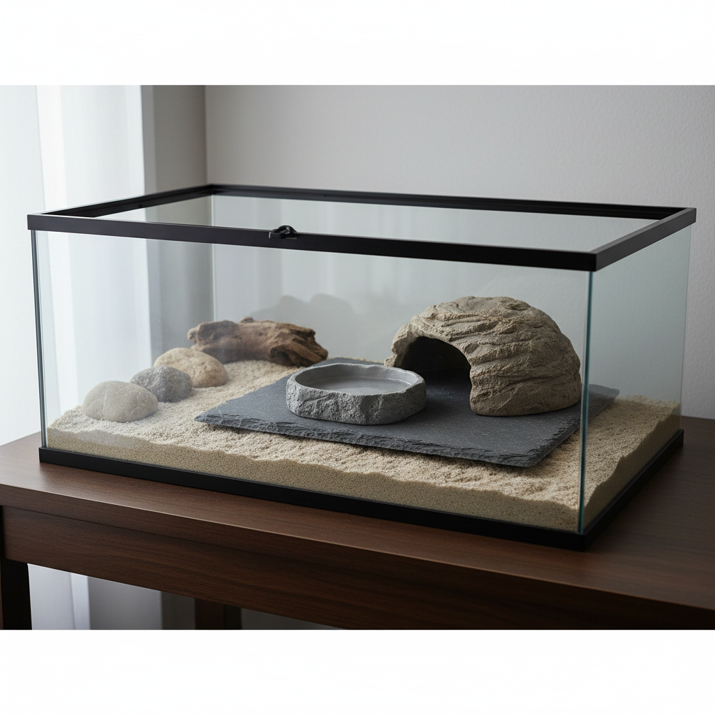 Reptile water bowl placed on slate tile to prevent tipping and sliding