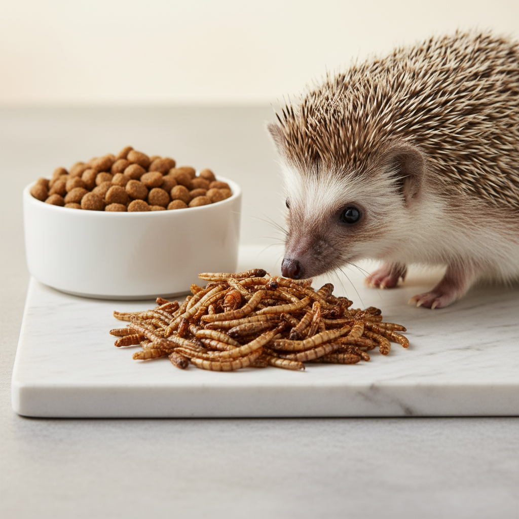 Pet hedgehog sniffing a small portion of insects next to kibble for controlled feeding