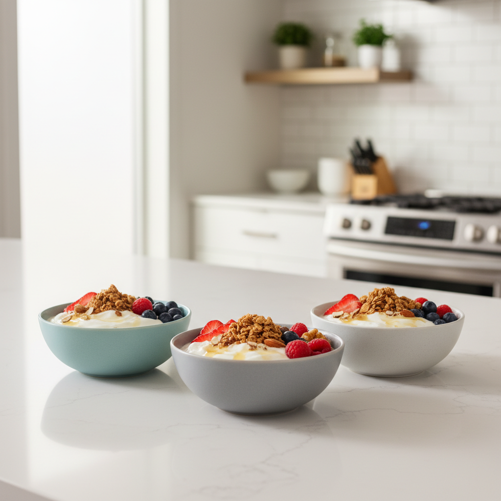 Greek yogurt meal prep bowls with berries, granola, and nuts on a bright kitchen counter