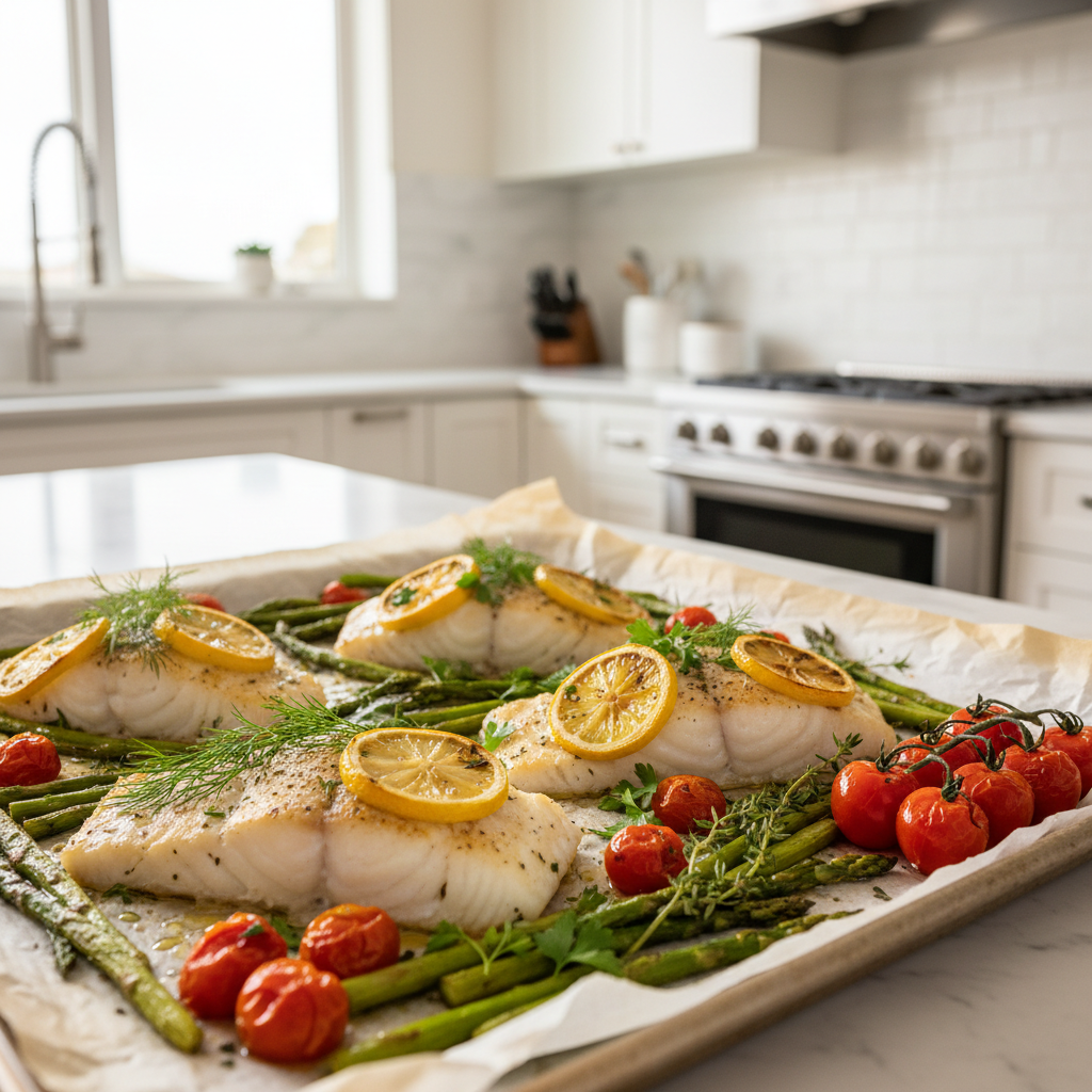 Baked cod on a sheet pan with lemon, herbs, and roasted vegetables