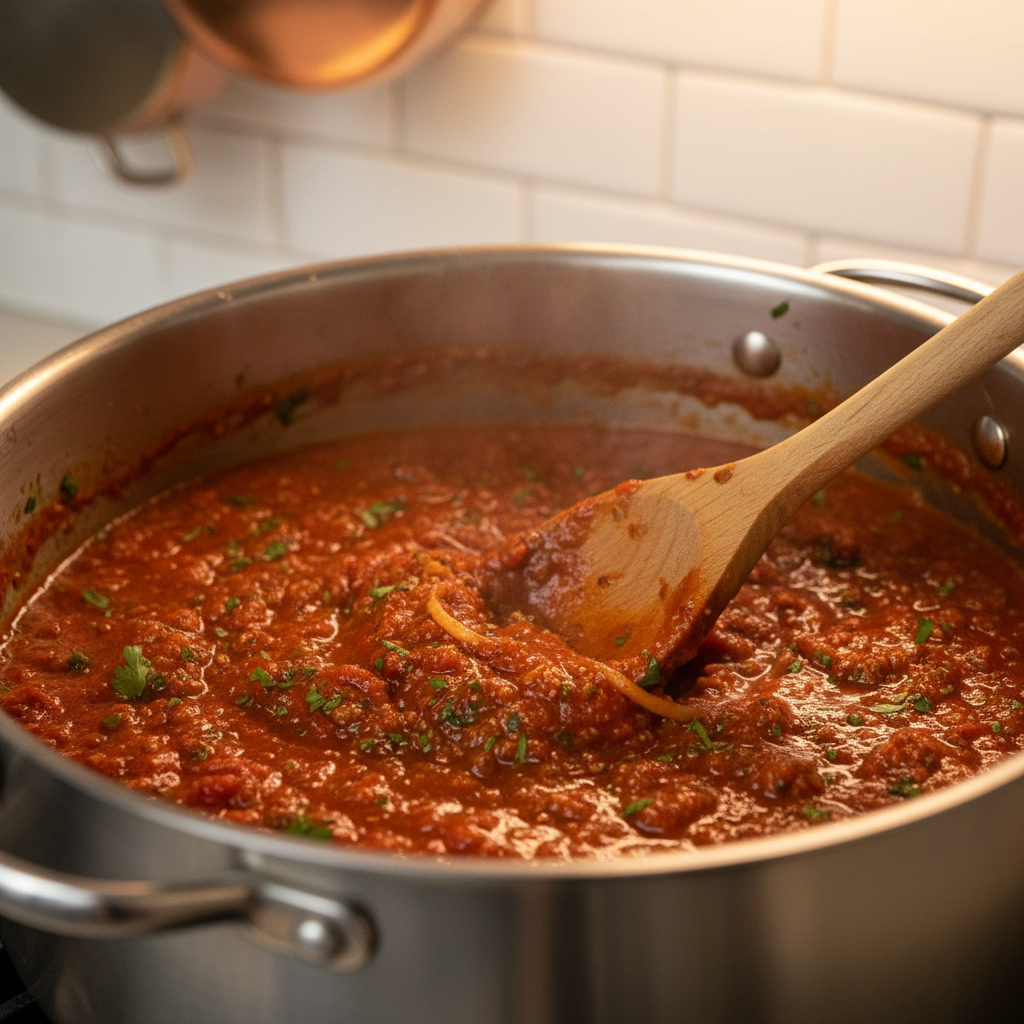 Thick homemade spaghetti sauce being stirred with a wooden spoon in a pot
