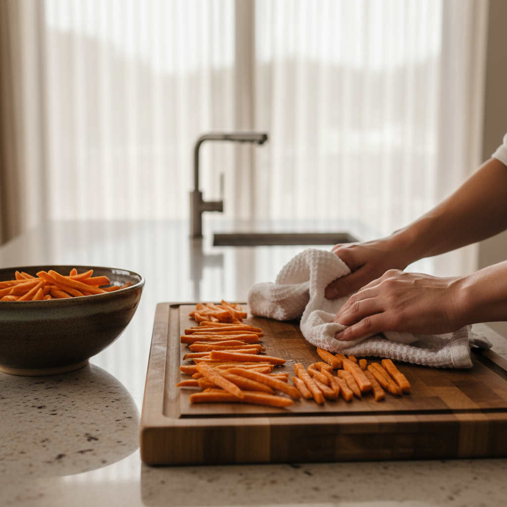 Sweet potato fries being patted dry with kitchen towels before baking
