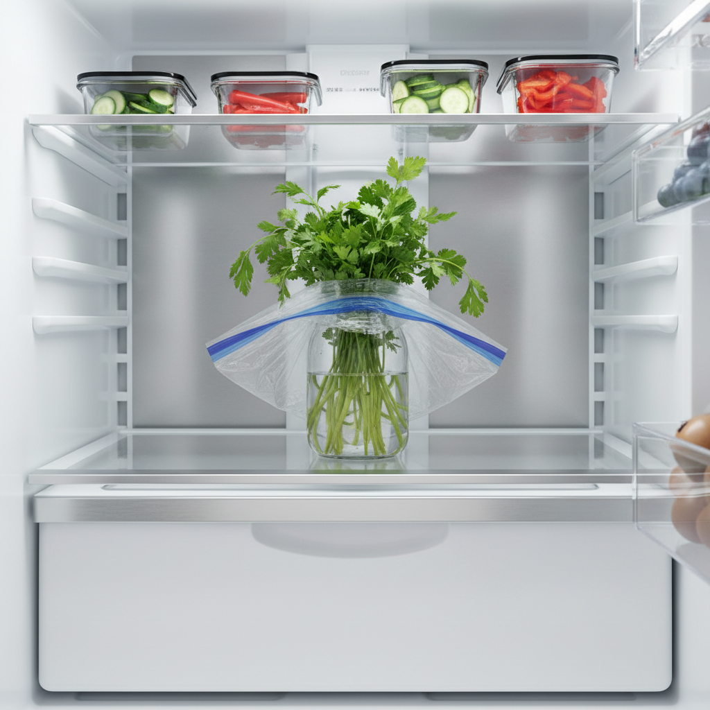 Parsley and cilantro stored upright in a jar in the refrigerator