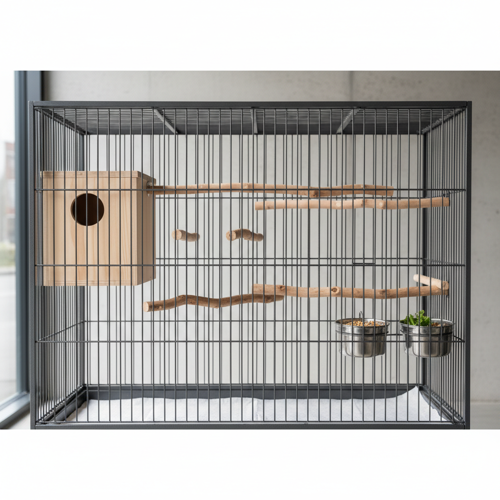 Safe wooden nest box setup for breeding parakeets in a clean indoor cage