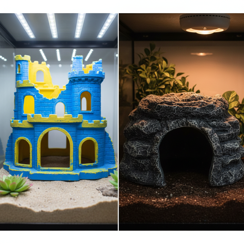 Comparison of snake hides: oversized bright hide versus snug dark cave hide in a reptile enclosure