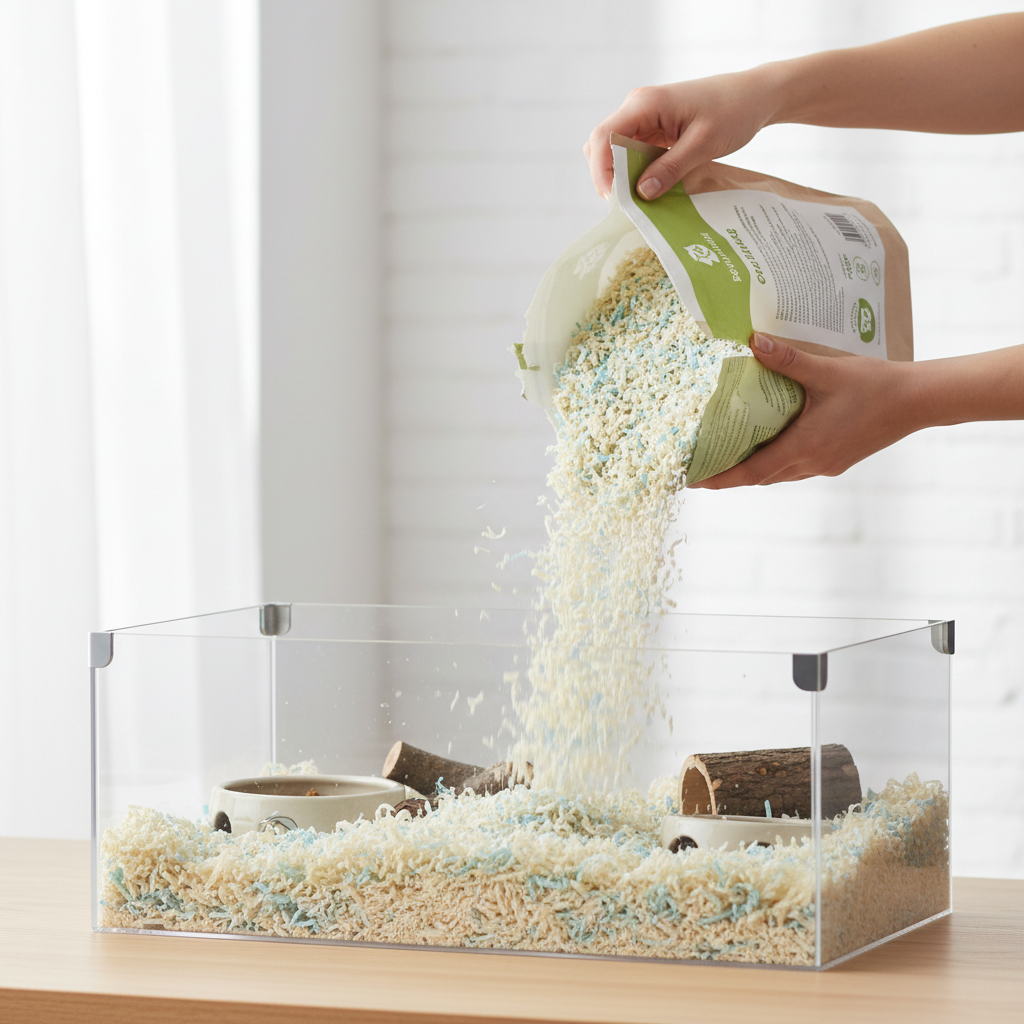 Low-dust paper hamster bedding poured into a clean enclosure