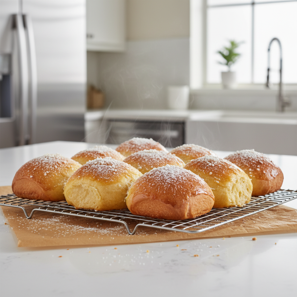 Soft sweet bread rolls cooling on a wire rack in a home kitchen