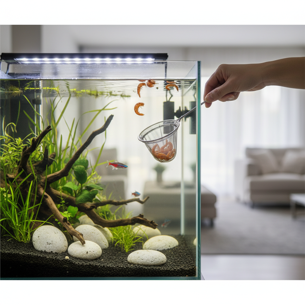 Aquarium maintenance with net removing uneaten dried shrimp to keep water clean