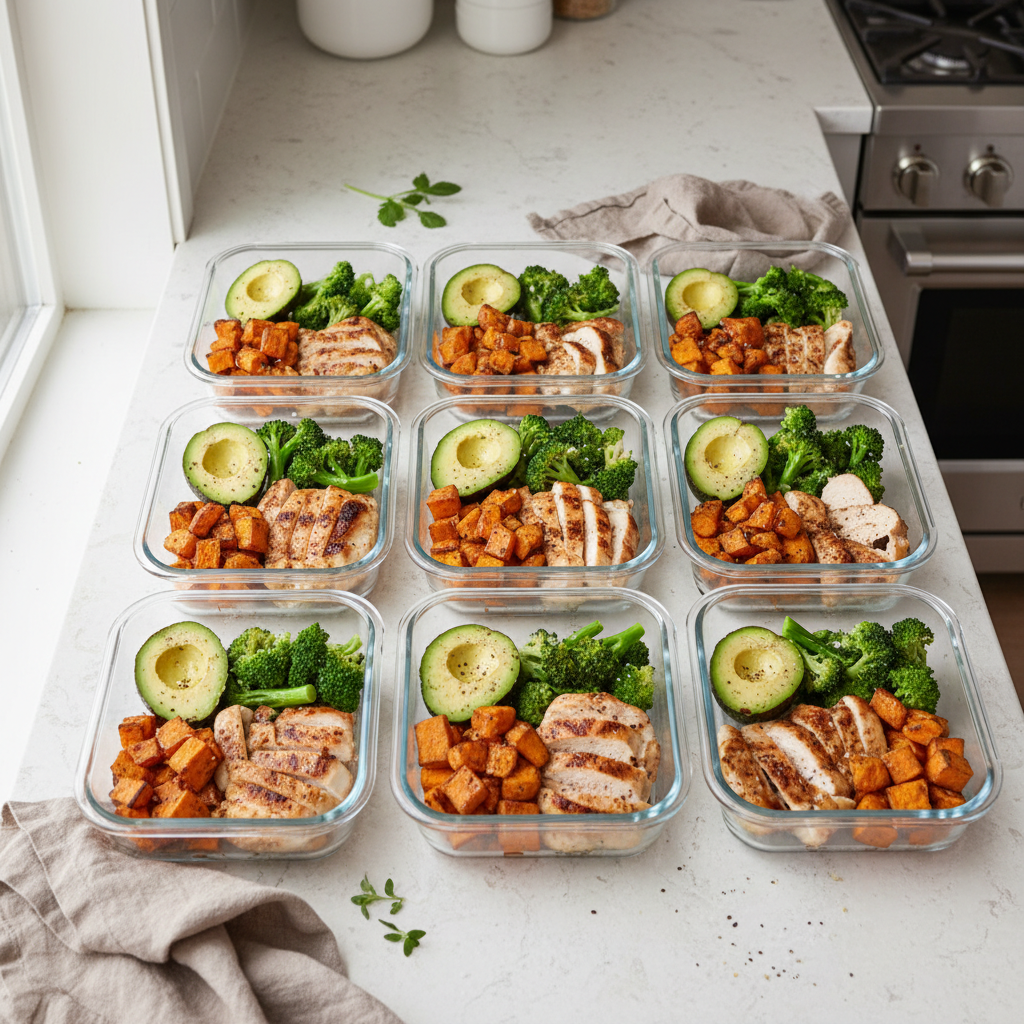 Quick Whole30 lunch meal prep containers with protein and roasted vegetables