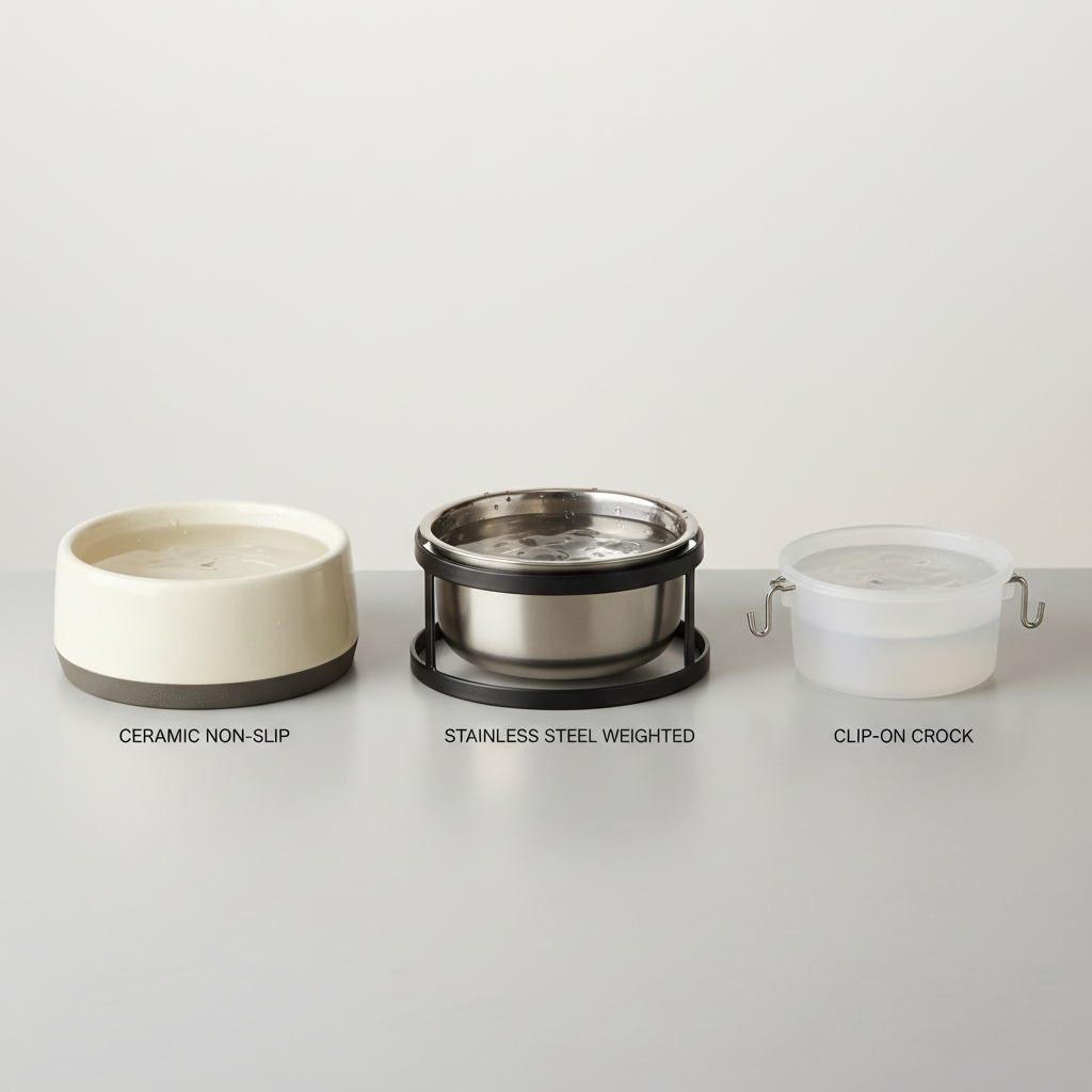 Comparison of ceramic, stainless steel, and clip-on bowls for rabbits on different flooring