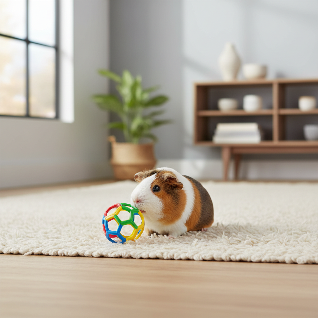 Small pet gently pushing a colorful plastic ball during supervised play