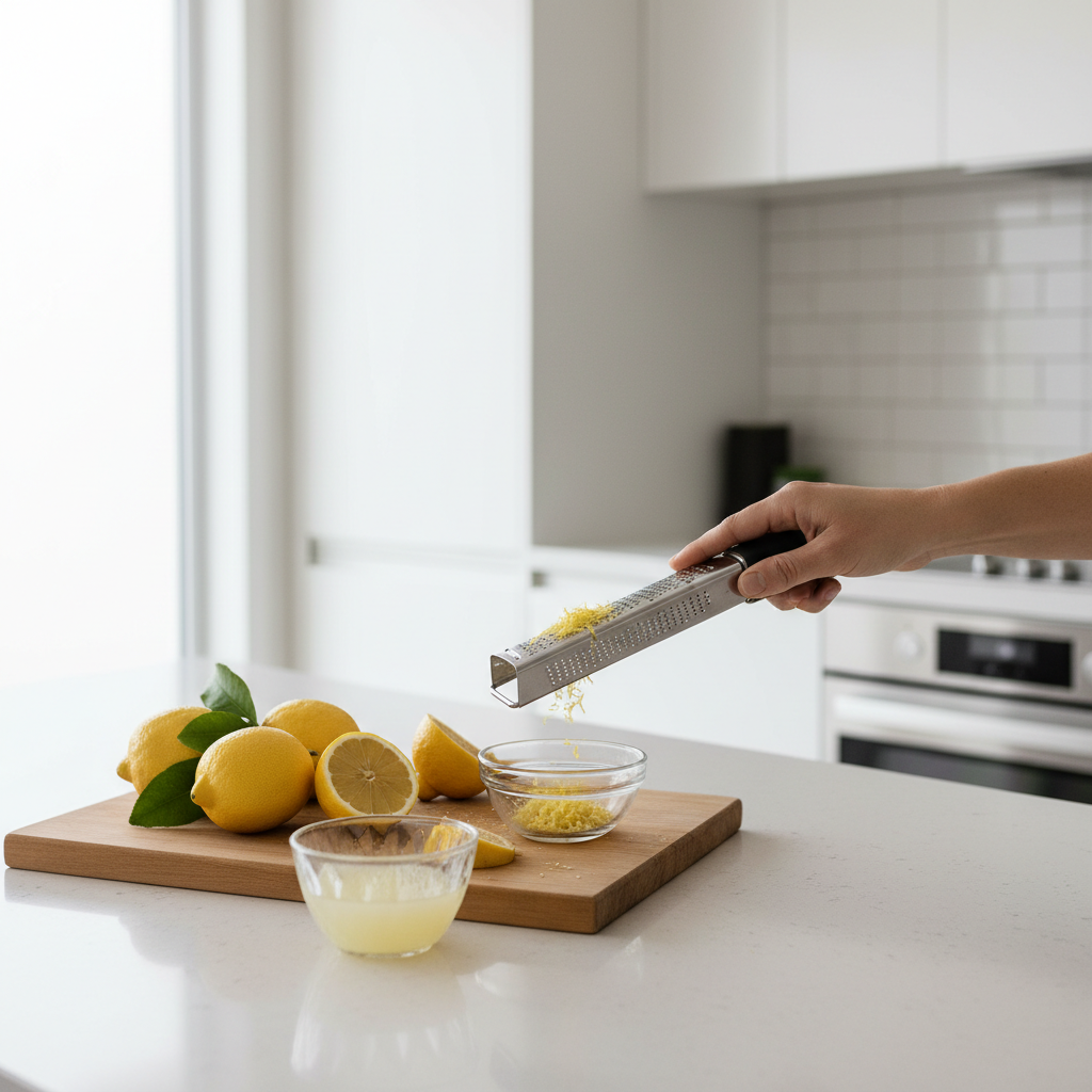 Fresh lemons, lemon zest, and lemon juice prep for cooking