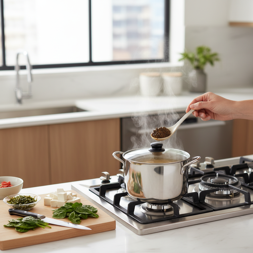 Home cook preparing miso soup on stovetop with ingredients