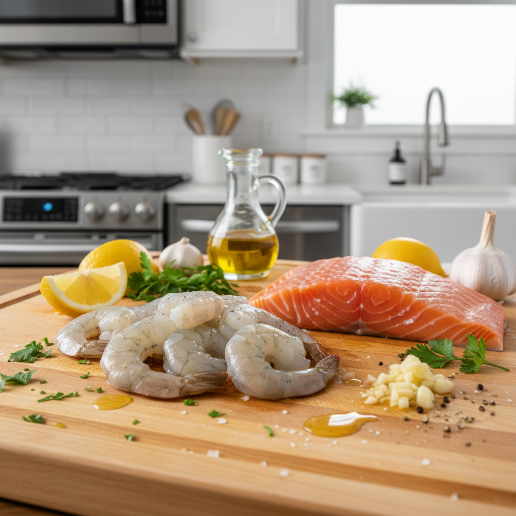 Quick seafood dinner prep with shrimp salmon and lemons on a cutting board