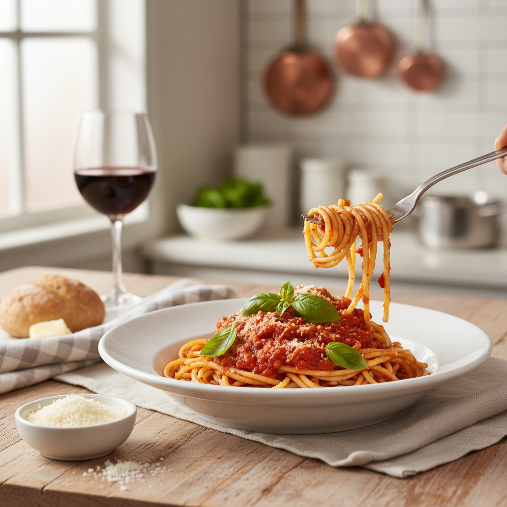 Serving pasta with easy canned marinara sauce and fresh basil in a bowl