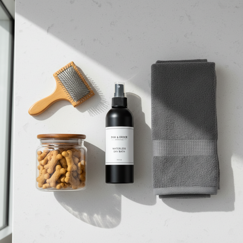 Waterless pet grooming setup with dry bath spray, towel, and brush on a counter