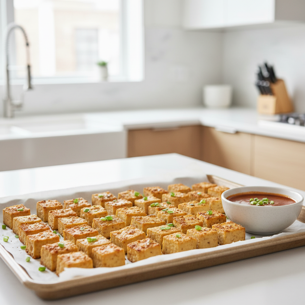 Crispy baked tofu cubes on a sheet pan for healthy tofu recipes