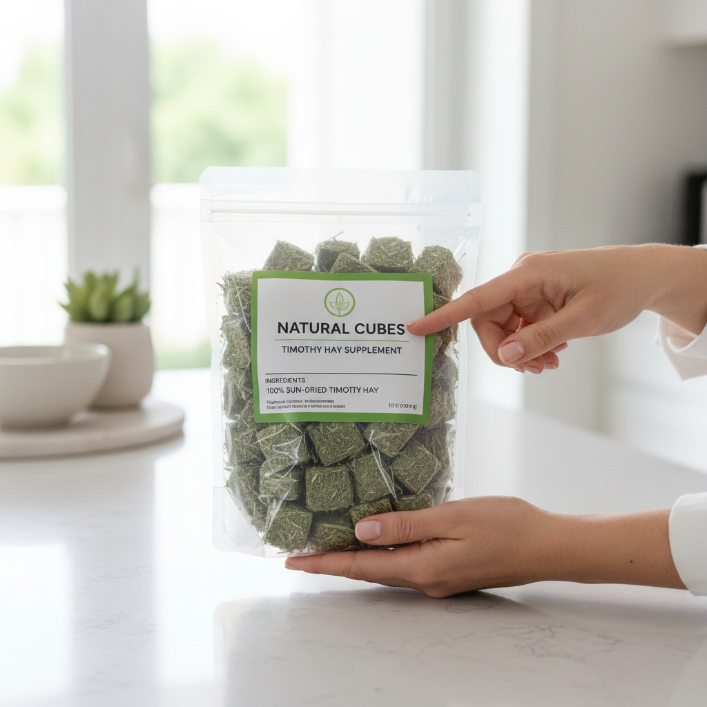 Reading ingredient label on timothy hay cubes for guinea pigs