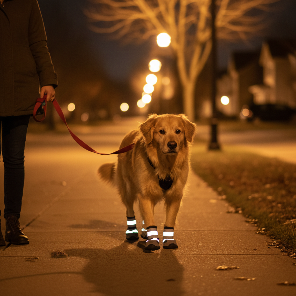 Reflective dog booties visible under streetlights on a night walk