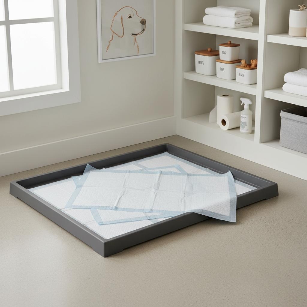 Pee pad station with overlapping pads and a non-slip tray in a laundry room