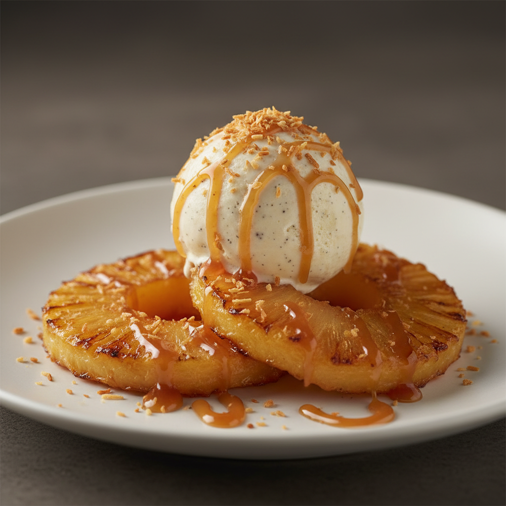 Roasted pineapple served with vanilla ice cream and toasted coconut