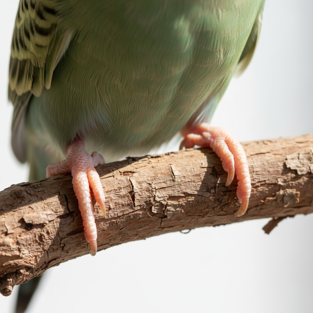 Close-up of bird feet gripping a natural wood perch with safe texture