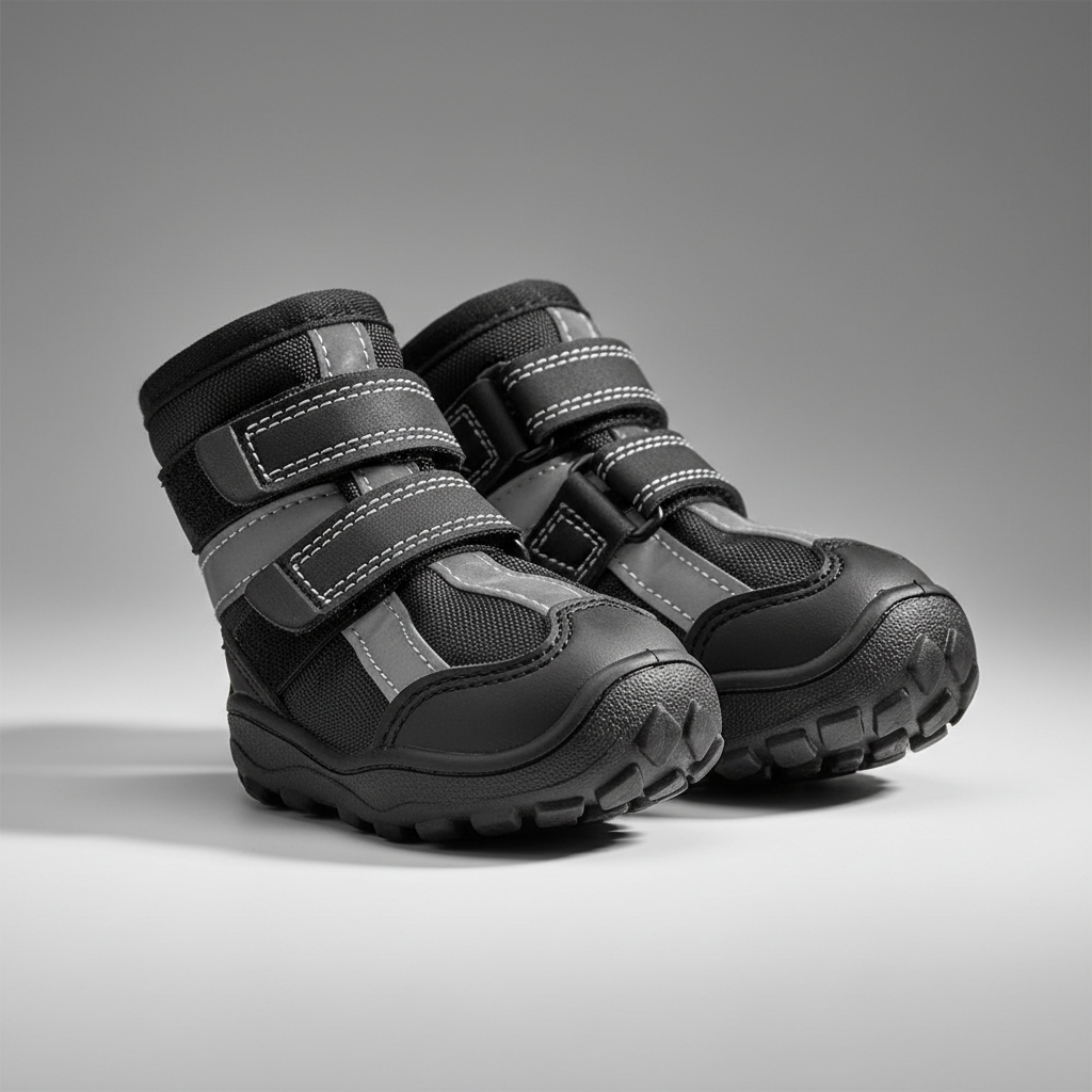 Close-up of dog booties showing reflective trim and textured traction sole