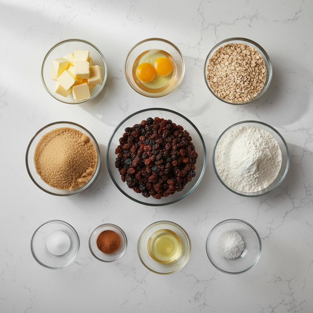 Ingredients for oatmeal raisin cookies measured in bowls on a kitchen counter