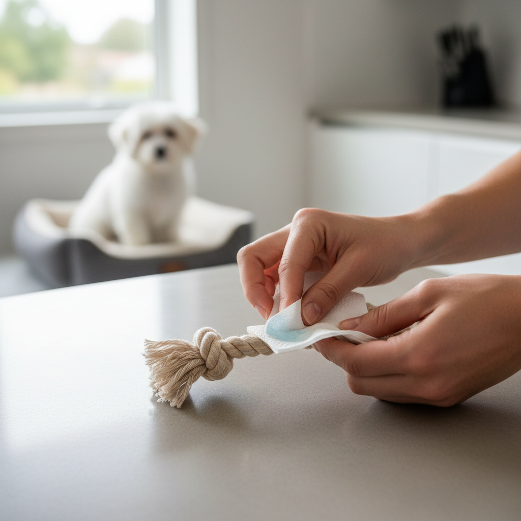 Hands inspecting a small animal chew toy for splinters and dye transfer on a white paper towel