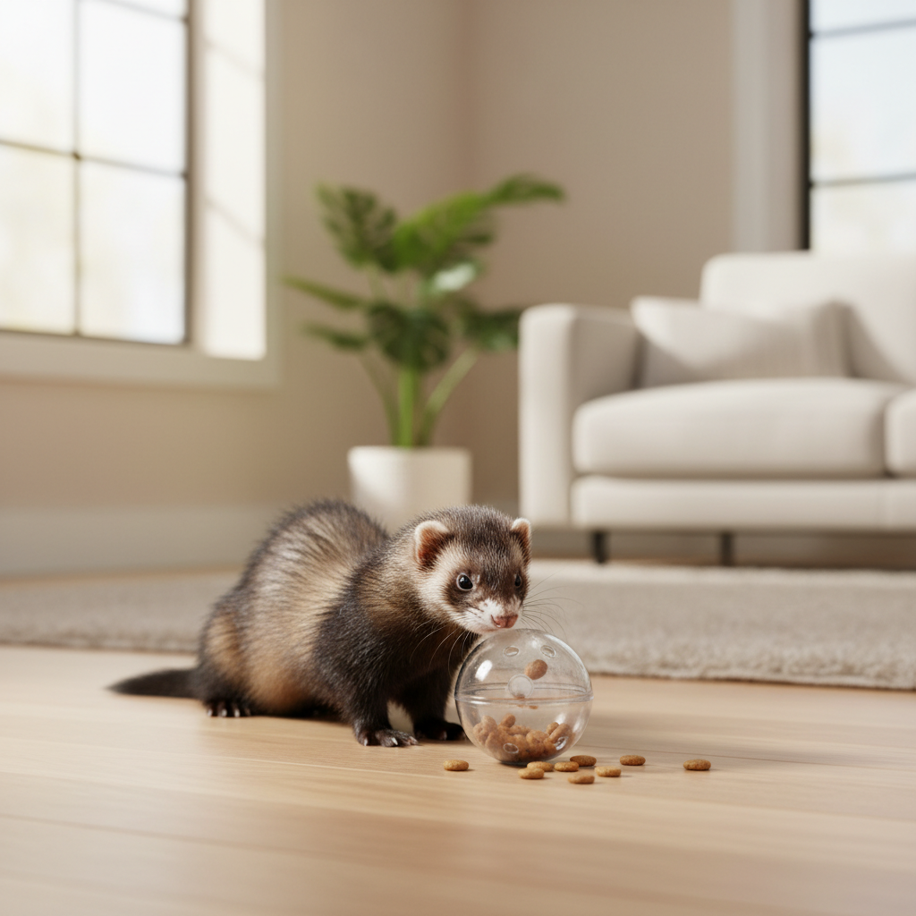 Ferret using a treat ball for food dispensing on a clean floor