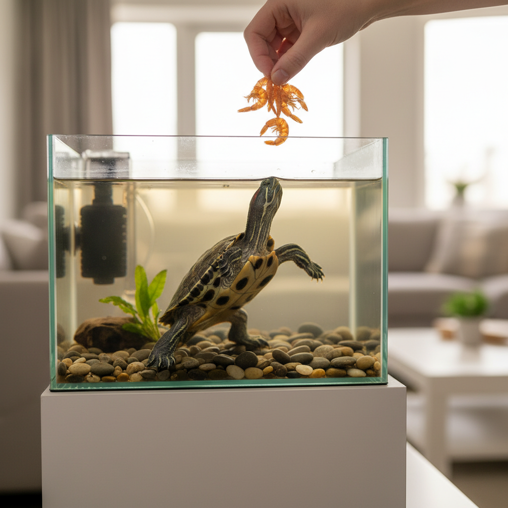 Pet turtle eating dried shrimp treat in a home aquarium