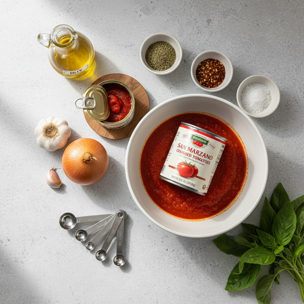 Ingredients for homemade spaghetti sauce laid out on a kitchen counter