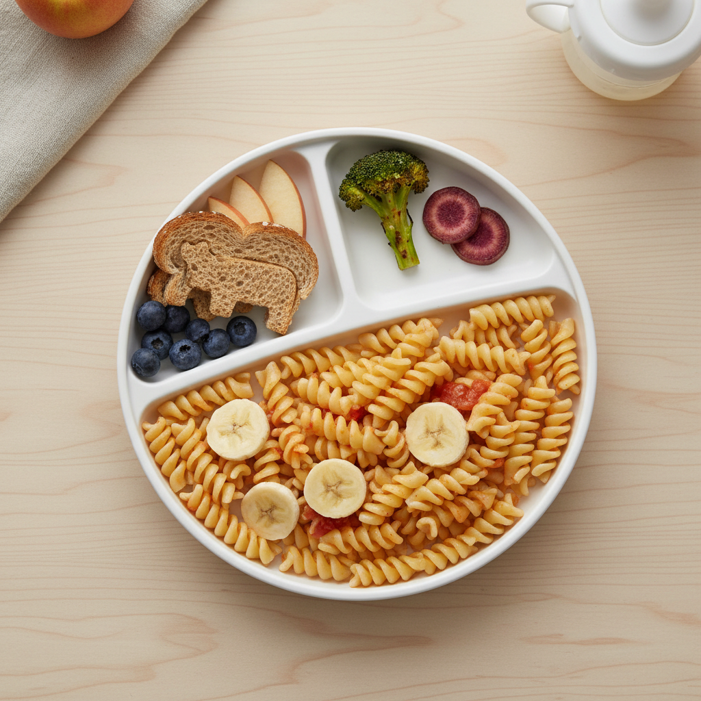 Kid friendly meals plate with safe foods and a small try-bite portion for picky eaters