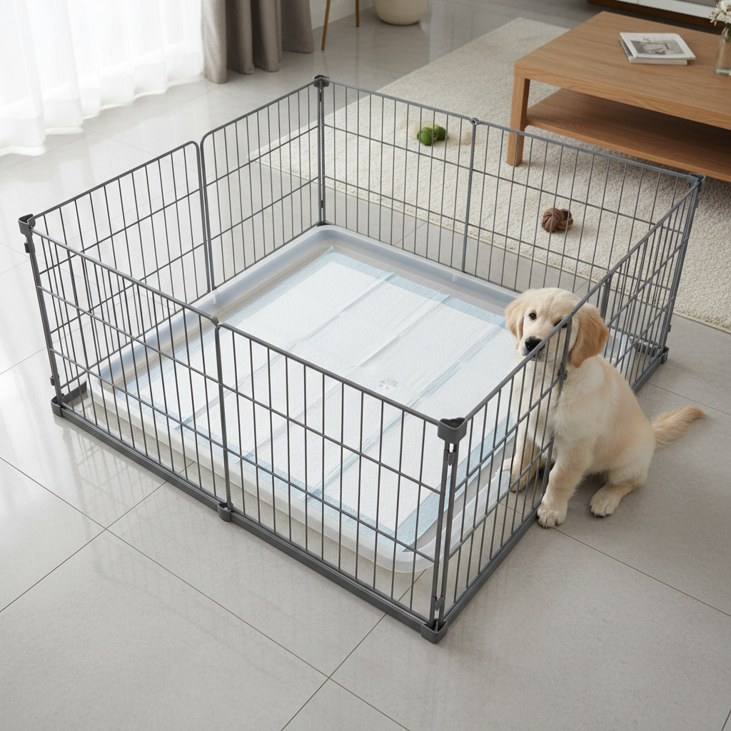 Puppy pad holder in a playpen setup for indoor potty training