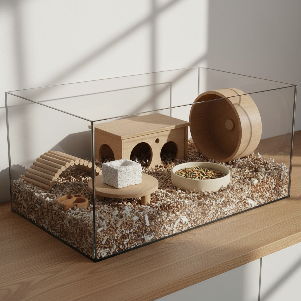Well-organized hamster habitat with chew toys placed near hide and food area