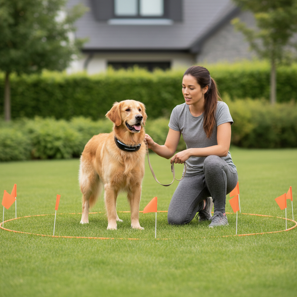 Dog wearing a wireless fence collar training near a visible boundary line with flags