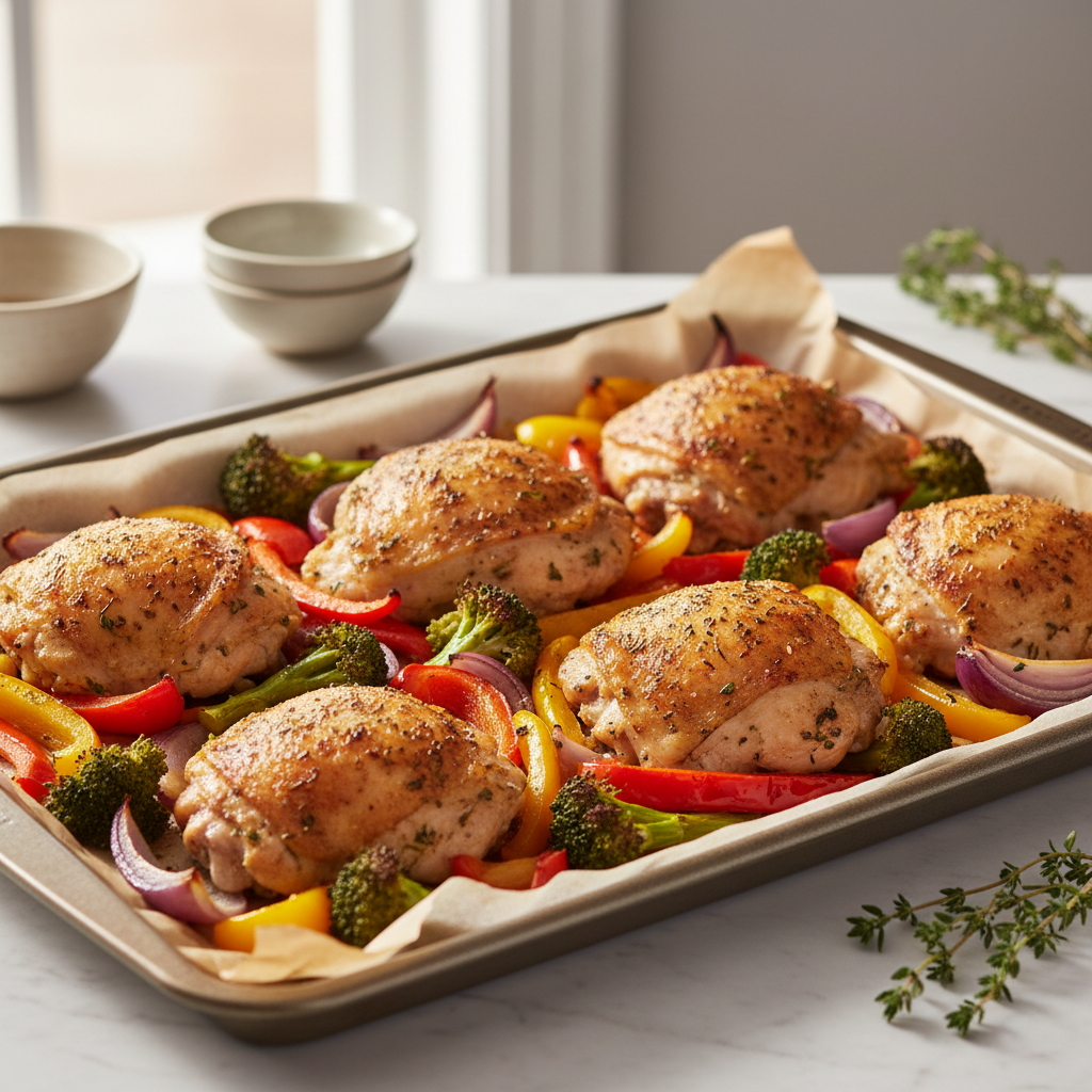 Sheet pan paleo chicken thighs with vegetables ready for meal prep