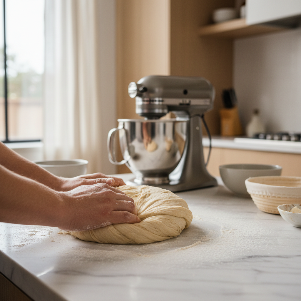 Soft sweet bread dough being kneaded on a floured countertop