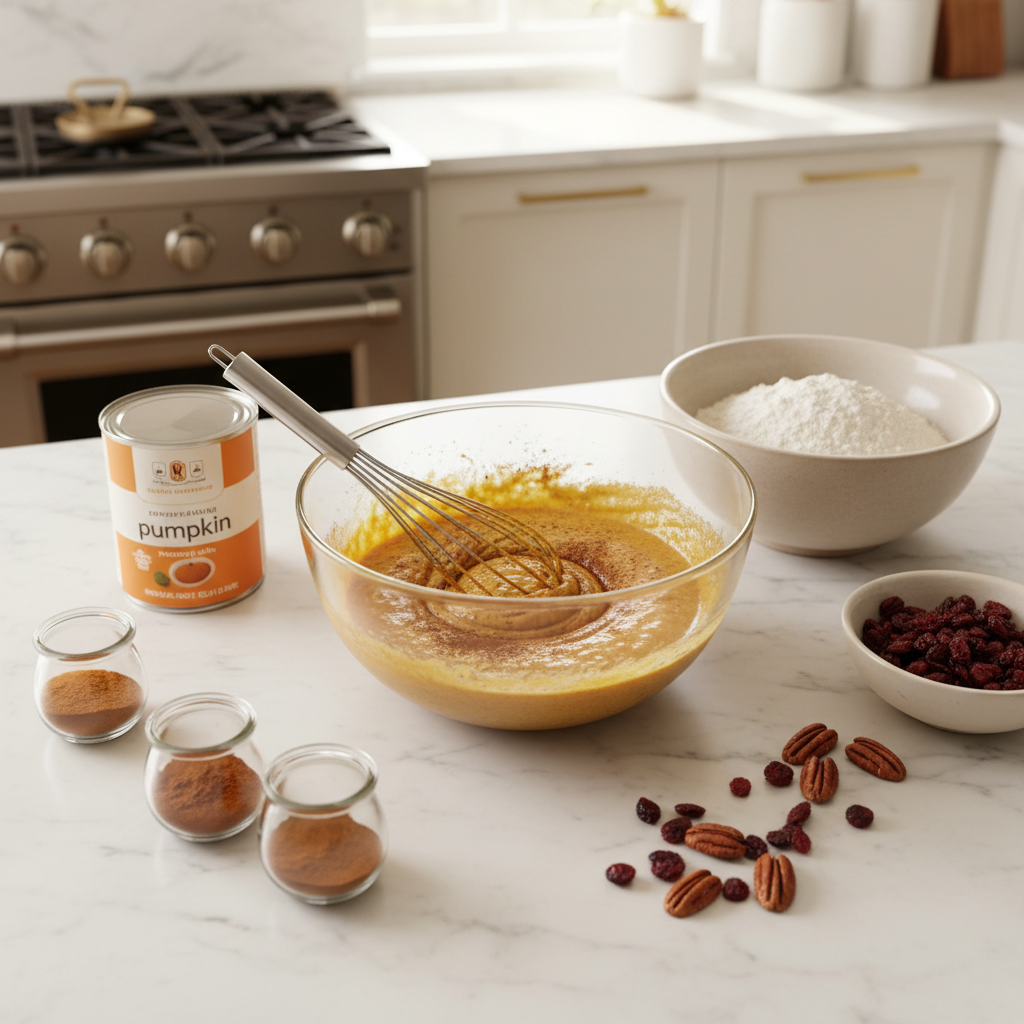 One-bowl pumpkin bread batter being whisked with cinnamon and brown sugar