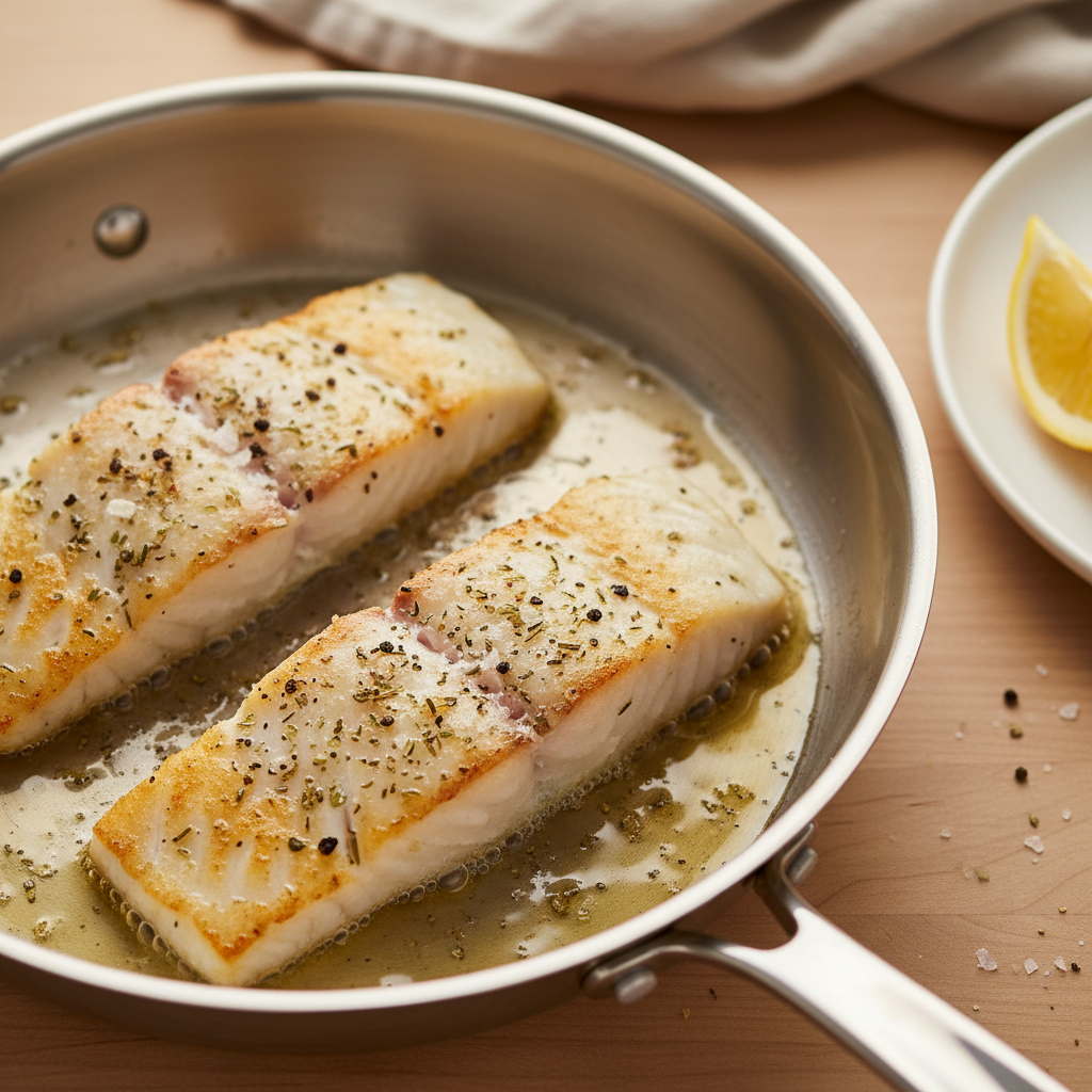 Pan-fried cod in a skillet with a golden crust and simple seasonings