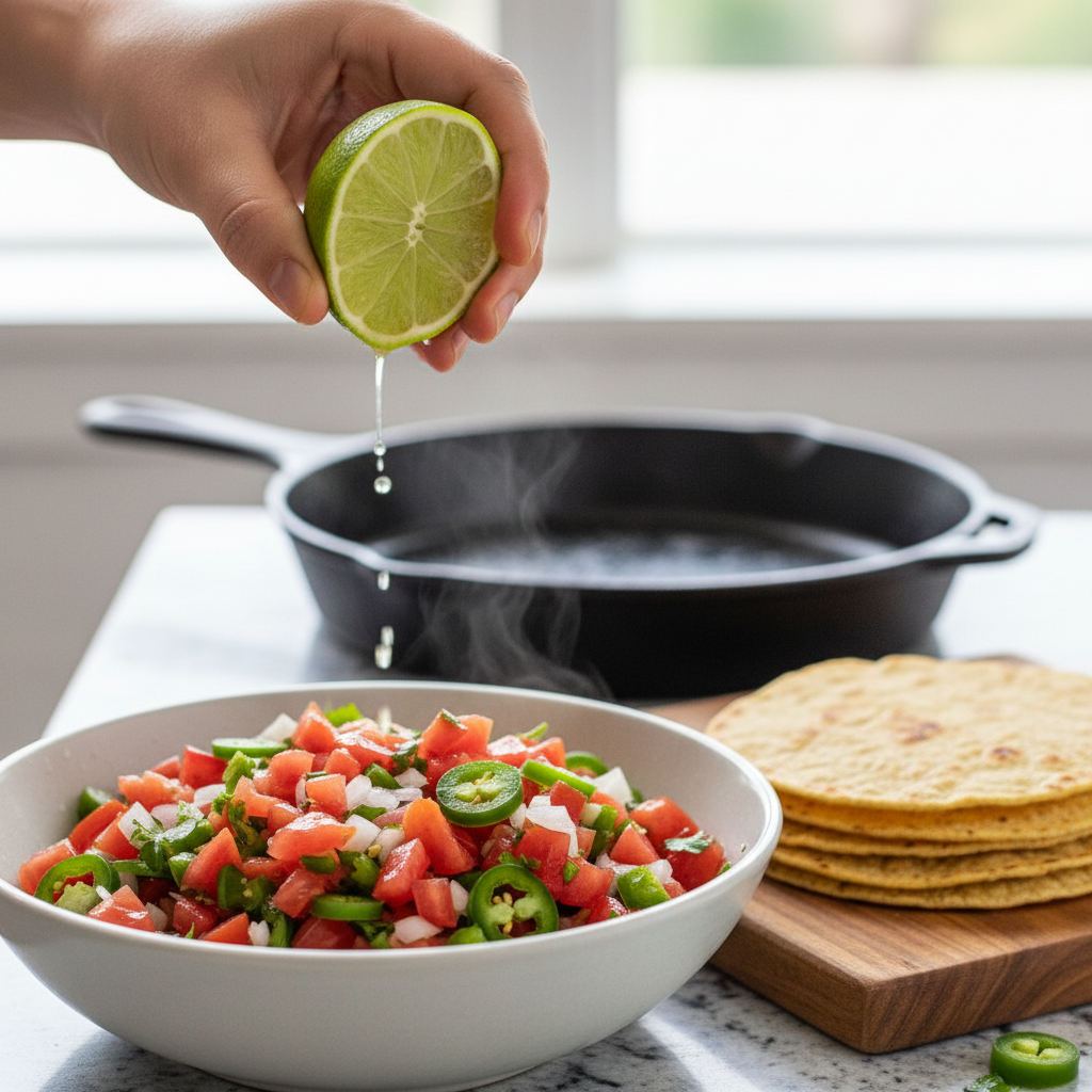 Fresh pico de gallo and lime finishing a Mexican food dish