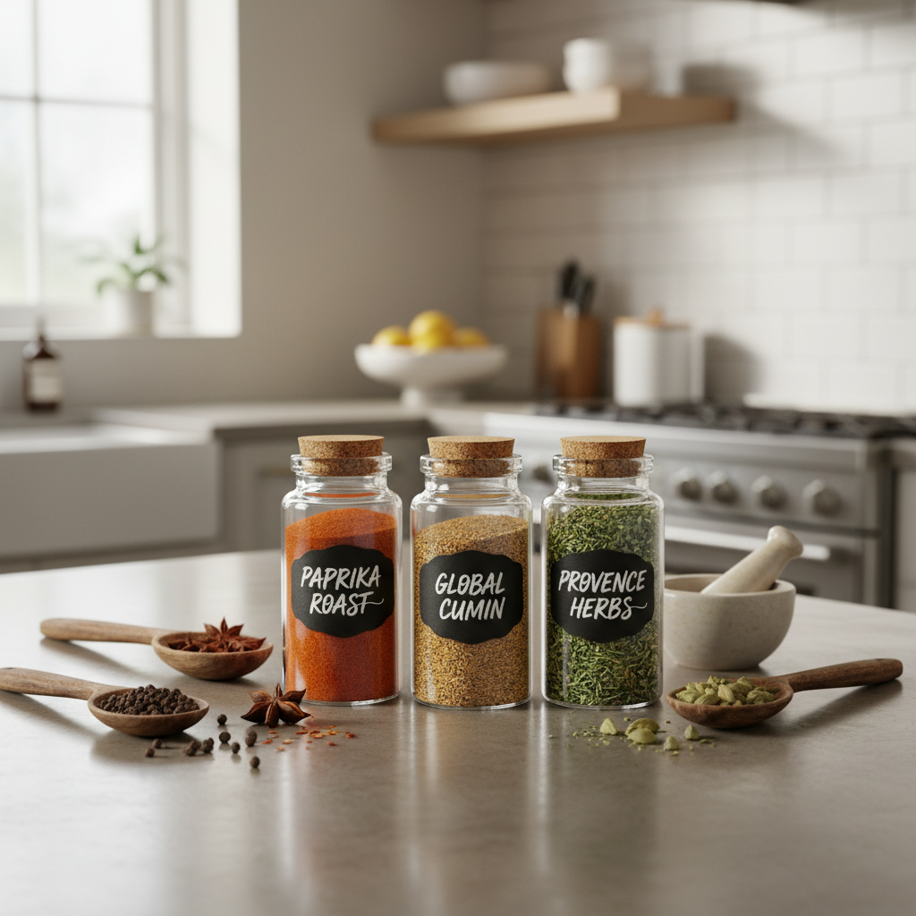 Homemade spice blends in small glass jars with labels on a kitchen counter