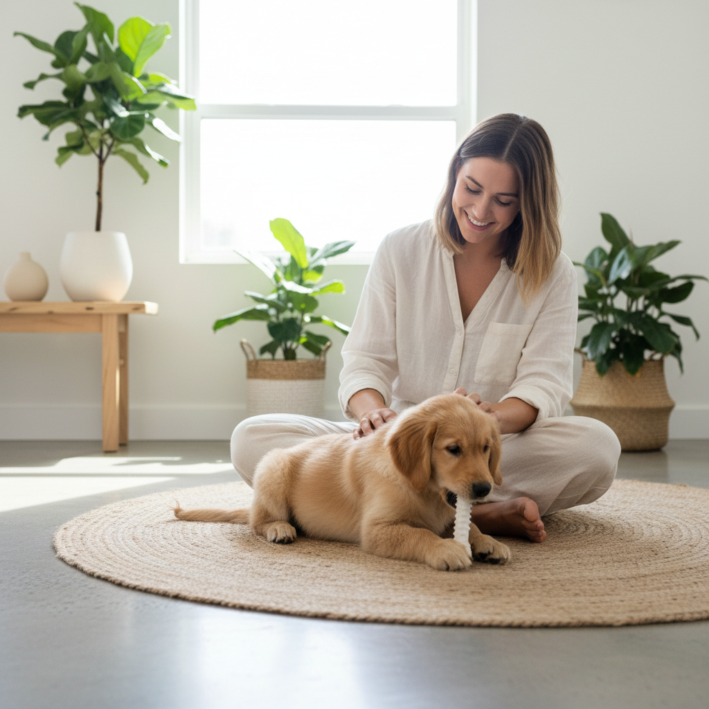 Owner supervising a puppy chewing a teething stick safely in a clean home setting