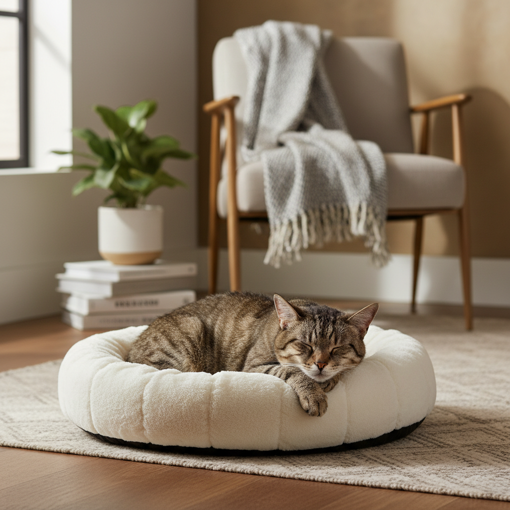 Senior cat resting in a warm orthopedic cat bed in a cozy living room