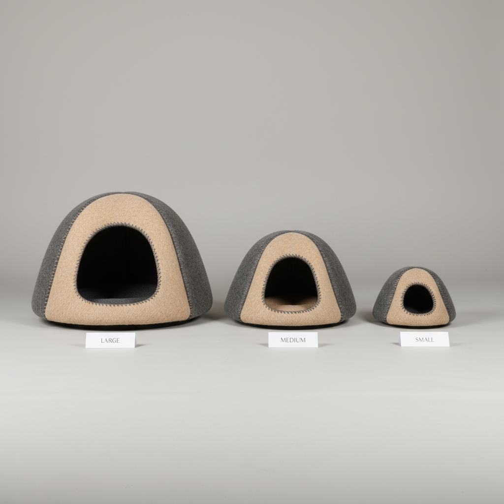 Comparison of cat cave bed sizes and entry openings on a clean background