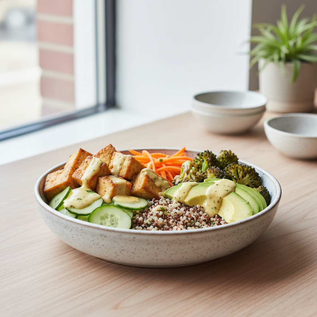 Vegetarian tofu bowl with colorful vegetables and tahini sauce for healthy tofu recipes