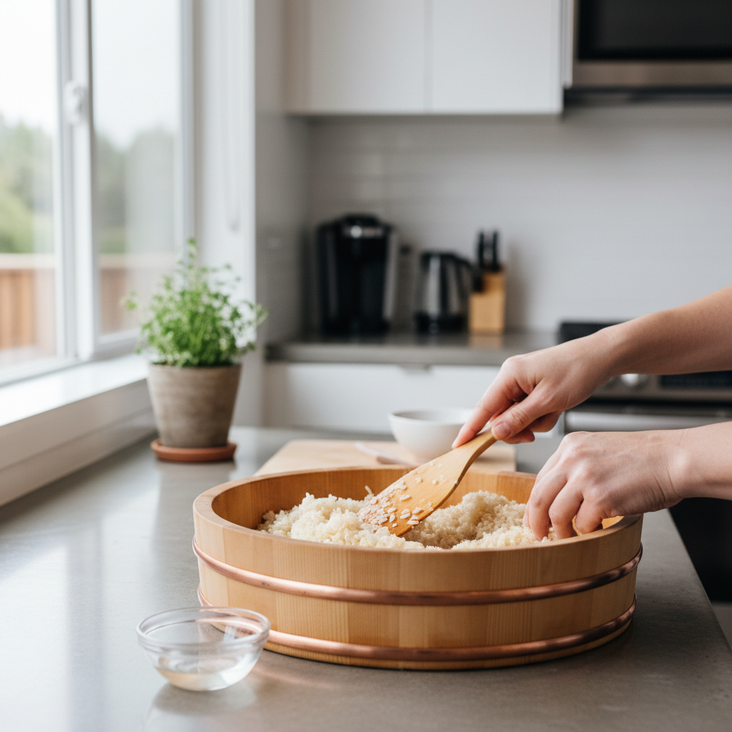 Seasoning sushi rice in a bowl for an easy California roll