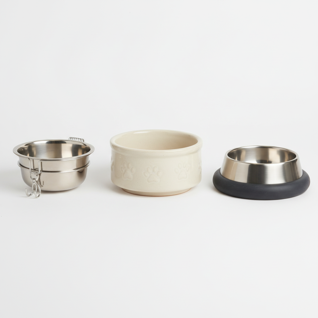 Comparison of cage-mounted bowl, ceramic crock, and weighted base dish for sugar gliders