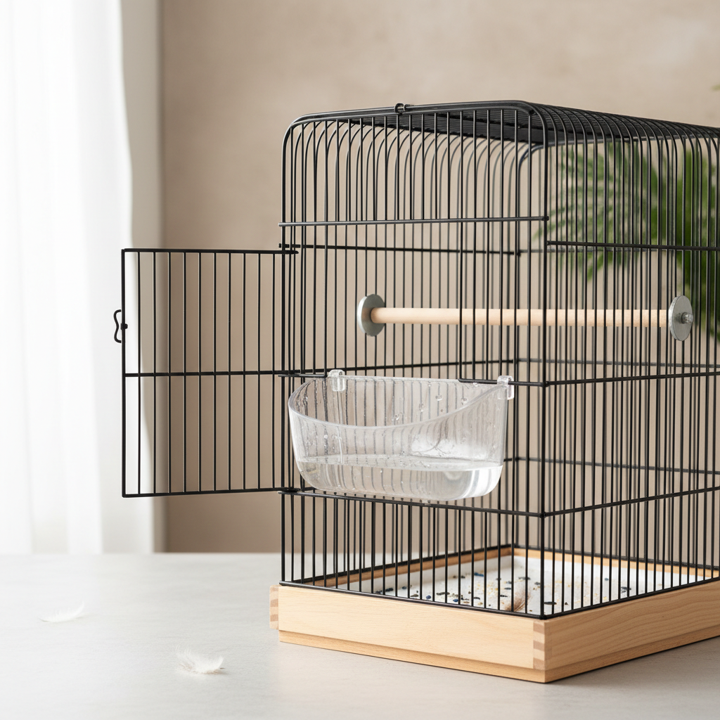 Small bird cage with a clip-on bird bath positioned near a perch