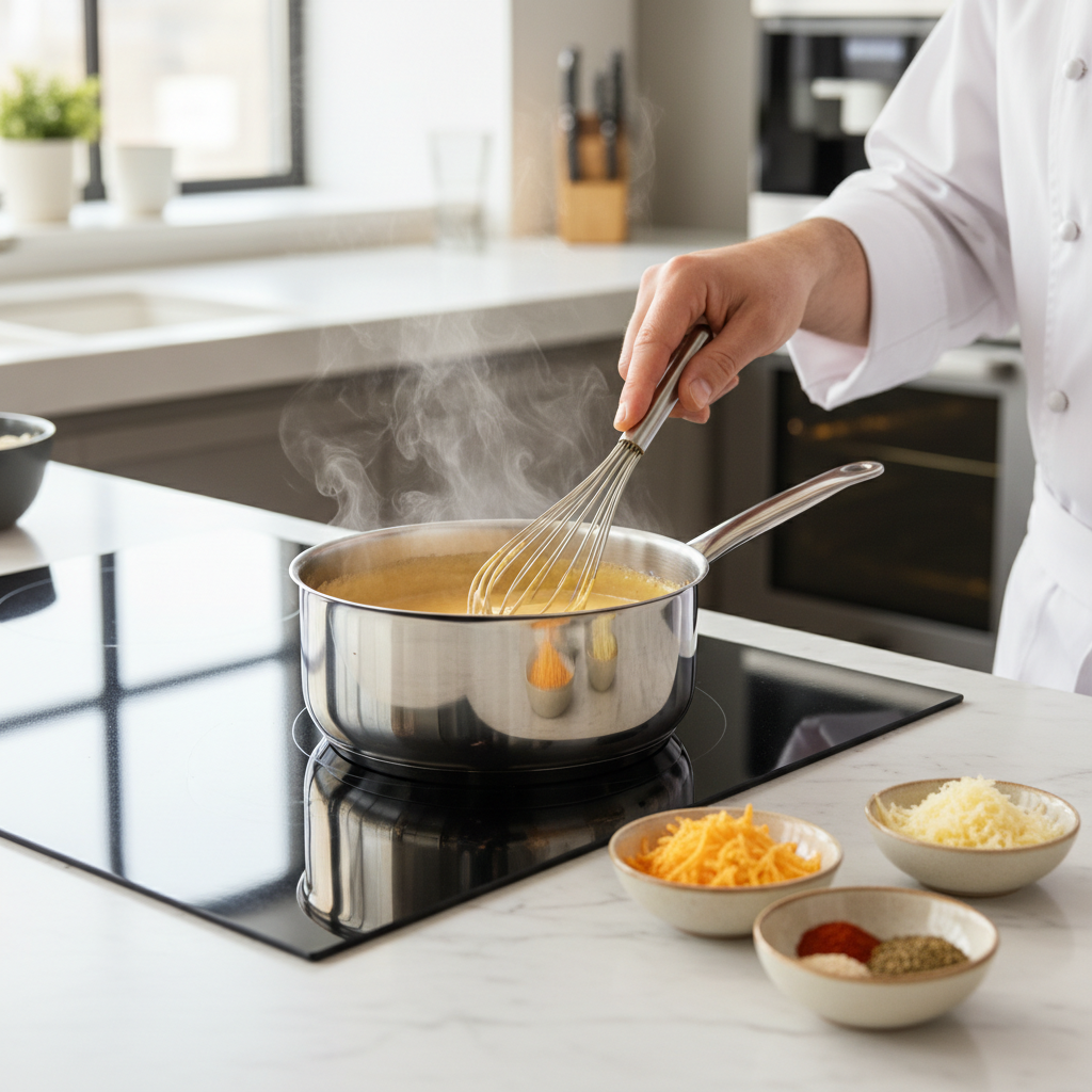 Creamy cheese sauce being whisked in a saucepan for weeknight cooking